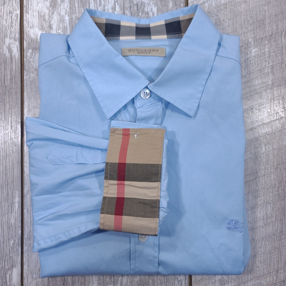 Burberry Brit Button Shirt Mesn Large Blue Nova Check Trim Stretch Cotton Top